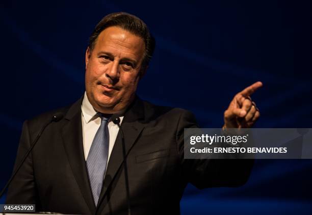 Panama's President Juan Carlos Varela delivers a speech during the III Americas Business Summit, in Lima, on April 12, 2018. / AFP PHOTO / Ernesto...