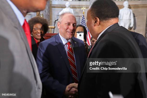 House Majority Whip Steve Scalise shakes hands with Martin Luther King III at the conclusion of a ceremony to mark the 50th anniversary of the...