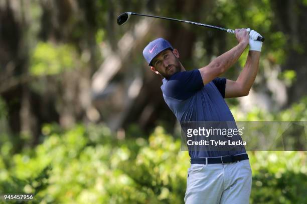 Kevin Chappell plays his tee shot on the eighth hole during the first round of the 2018 RBC Heritage at Harbour Town Golf Links on April 12, 2018 in...