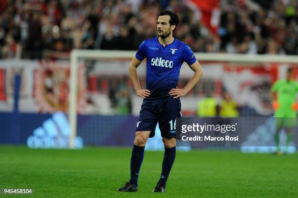Marco Parolo of SS Lazio reacts during the UEFA Europa League quarter final leg two match between RB Salzburg and Lazio Roma at on April 12, 2018 in...