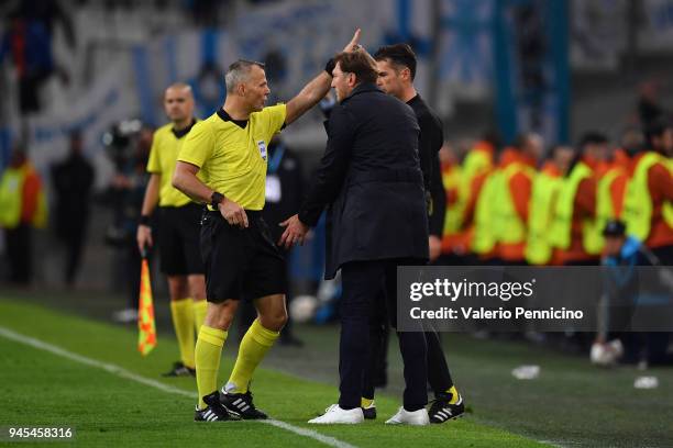 Leipzig head coach Ralph Hasenhuttl is expelled during the UEFA Europa League quarter final leg two match between Olympique Marseille and RB Leipzig...