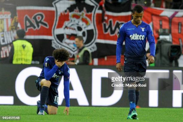 Felipe Anderson and Luis Nani of SS Lazio reacts after the UEFA Europa League quarter final leg two match between RB Salzburg and Lazio Roma at on...