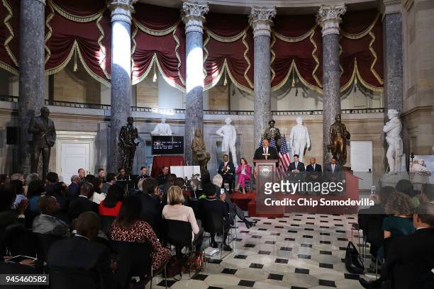 Martin Luther King III addresses a ceremony to mark the 50th anniversary of the assassination of Dr. Martin Luther King Jr. In Statuary Hall at the...