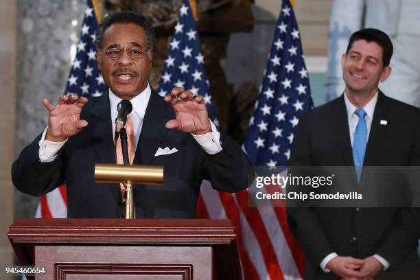 Rep. Emanuel Cleaver delivers the benediction as Speaker of the House Paul Ryan listens at the conclusion of a ceremony to mark the 50th anniversary...