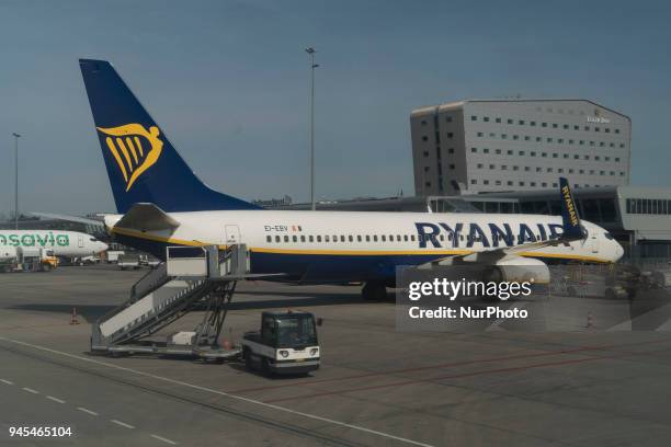 Ryanair low cost carrer airplanes as seen in Eindhoven airport in Netherlands in April 2018 during a day.