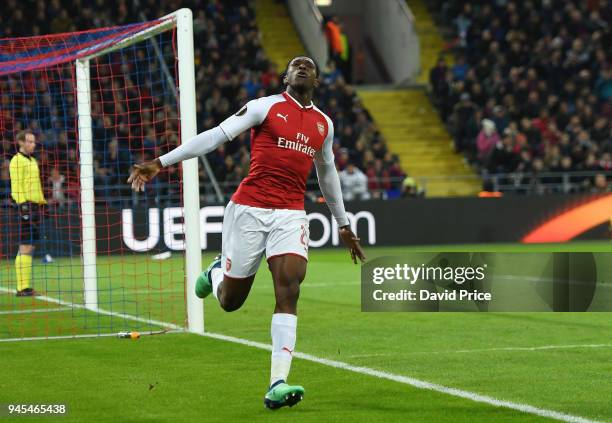 Danny Welbeck celebrates scoring Arsenal's 1st goal during the UEFA Europa League quarter final leg two match between CSKA Moskva and Arsenal FC at...