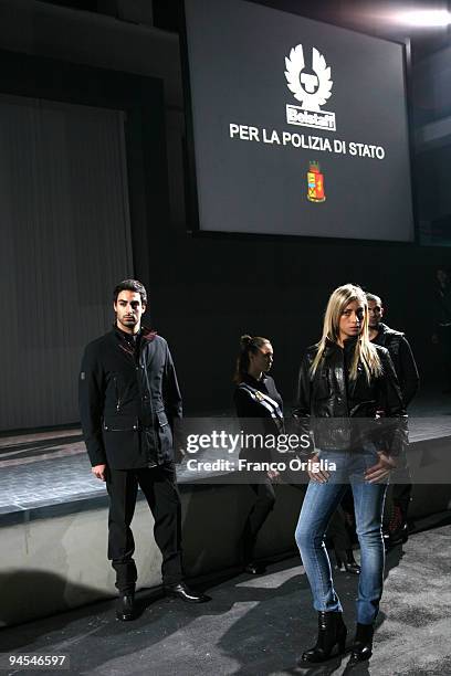 Models present creations by Belstaff during the 'Belstaff Presents New Uniforms For Italian Police' at the Direzione Generale di Pubblica Sicurezza...