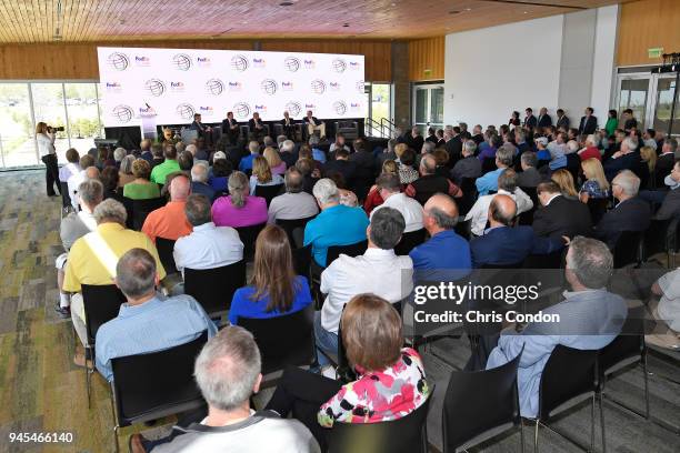 During the World Golf Championships-FedEx St. Jude Invitational announcement at Shelby Farms Park - FedEx Event Center on April 12, 2018 in Memphis,...