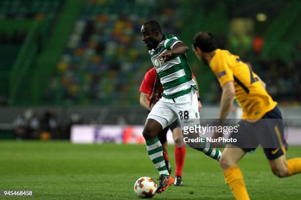 Sporting's forward Seydou Doumbia from Ivory Coast in action during the UEFA Europa League second leg football match Sporting CP vs Atletico Madrid...