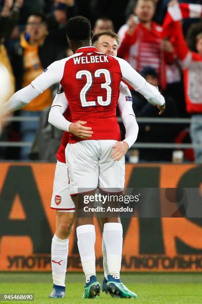 Aaron Ramsey and Danny Welbeck of Arsenal celebrate after scoring a goal during the UEFA Europa League Quarter-finals second leg match between CSKA...