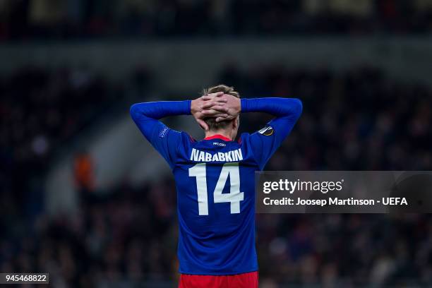 Kirill Nababkin of CSKA Moskva looks dejected during the UEFA Europa League quarter final leg two match between CSKA Moskva and Arsenal FC at CSKA...