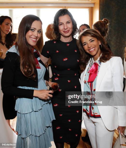 Sandra Bauknecht, Dusha Bibus and Rabia Schlatter during the Lanserhof Ladies Lunch at Widder Hotel on April 12, 2018 in Zurich, Switzerland.