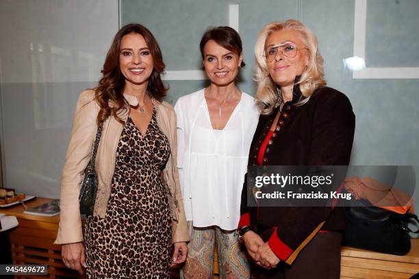 Isabelle Ohnemus, Christine Lienhard and Dr. Dolly Kelkel during the Lanserhof Ladies Lunch at Widder Hotel on April 12, 2018 in Zurich, Switzerland.