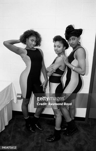 Rappers Sweet L.D., Lil P. And Terrible T. From Oaktown's 3.5.7 poses for photos prior to their concert at the Indiana Convention Center in...