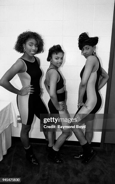 Rappers Sweet L.D., Lil P. And Terrible T. From Oaktown's 3.5.7 poses for photos prior to their concert at the Indiana Convention Center in...