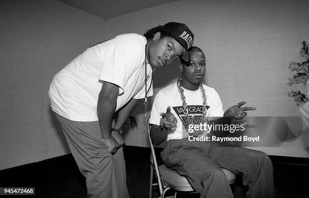 Rappers Ice Cube and Too Short poses for photos backstage at the Genesis Convention Center in Gary, Indiana in July 1989.