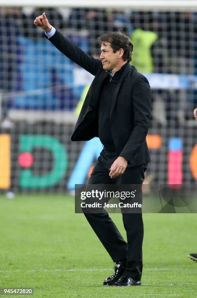 Coach of OM Rudi Garcia celebrates the qualification following the UEFA Europa League quarter final leg two match between Olympique de Marseille and...