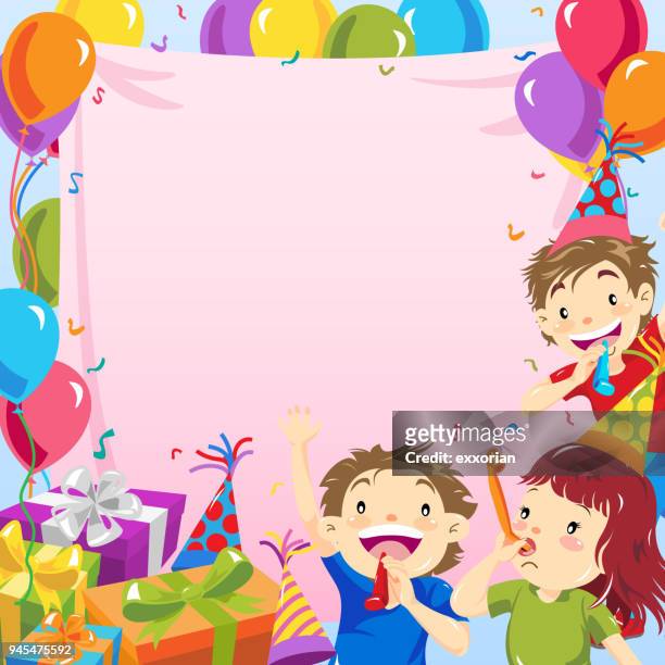ilustraciones, imágenes clip art, dibujos animados e iconos de stock de invitación fiesta de cumpleaños de niños - chicos adolescentes