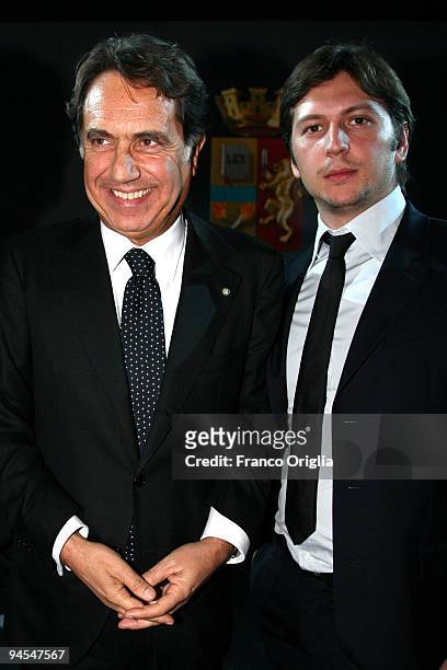 Chief of Italian Police Antonio Manganelli and vice president of Belstaff Michele Malenotti , pose during the 'Belstaff Presents New Uniforms For...