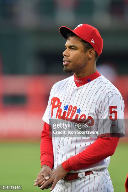 Philadelphia Phillies right fielder Nick Williams warms up before the MLB game between the Cincinnati Reds and the Philadelphia Phillies on April 11,...