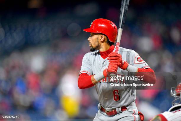 Cincinnati Reds center fielder Billy Hamilton ready for action at the plate during the MLB game between the Cincinnati Reds and the Philadelphia...