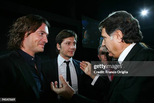 Chief of Italian Police Antonio Manganelli and vice presidents of Belstaff Michele Malenotti and Manuele Malenotti , chat during the 'Belstaff...