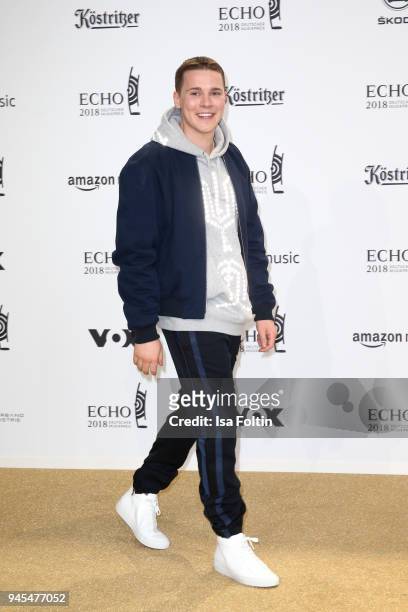 Felix Jaehn arrives for the Echo Award at Messe Berlin on April 12, 2018 in Berlin, Germany.
