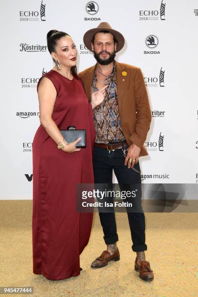 Miyabi Kawai and her husband Manuel Cortez arrives for the Echo Award at Messe Berlin on April 12, 2018 in Berlin, Germany.