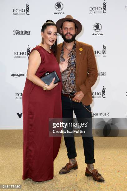 Miyabi Kawai and her husband Manuel Cortez arrives for the Echo Award at Messe Berlin on April 12, 2018 in Berlin, Germany.