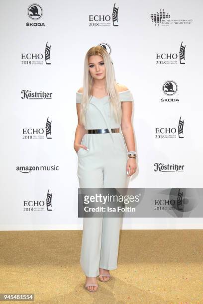 Julia Beautx arrives for the Echo Award at Messe Berlin on April 12, 2018 in Berlin, Germany.