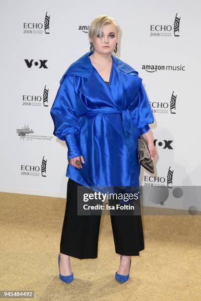 Elzbieta Steinmetz from the band Elaiza arrives for the Echo Award at Messe Berlin on April 12, 2018 in Berlin, Germany.