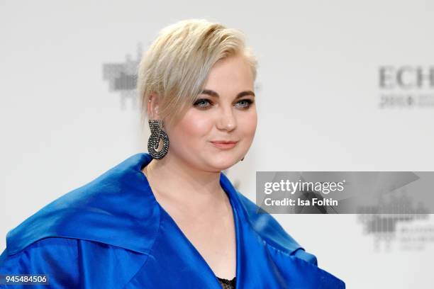 Elzbieta Steinmetz from the band Elaiza arrives for the Echo Award at Messe Berlin on April 12, 2018 in Berlin, Germany.