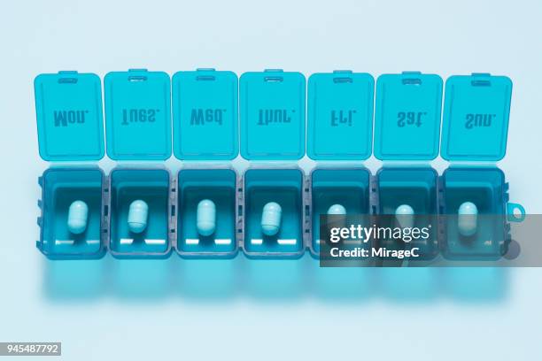 blue weekly pill box - blue capsule stock pictures, royalty-free photos & images