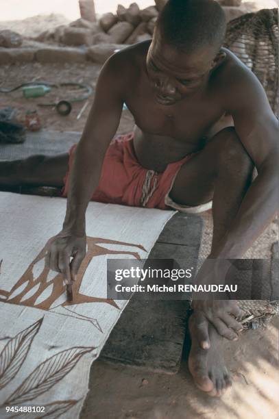 Ssin?es,puis peinte ? la main sur d'?troites bandes de tissus de coton assembl?es,la brousse et ses cr?atures sortent lentement du pinceau de...