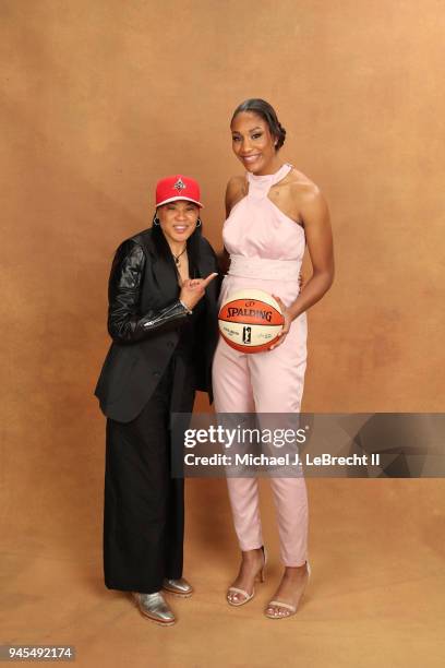 Dawn Staley and A'ja Wilson pose for a portrait after being selected number one overall by the Las Vegas Aces during the WNBA Draft on April 12, 2018...