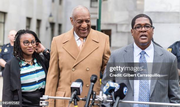 Actor/ stand-up comedian Bill Cosby and his publicists Ebonee Benson and Andrew Wyatt speak to the press at the Montgomery County Courthouse during...