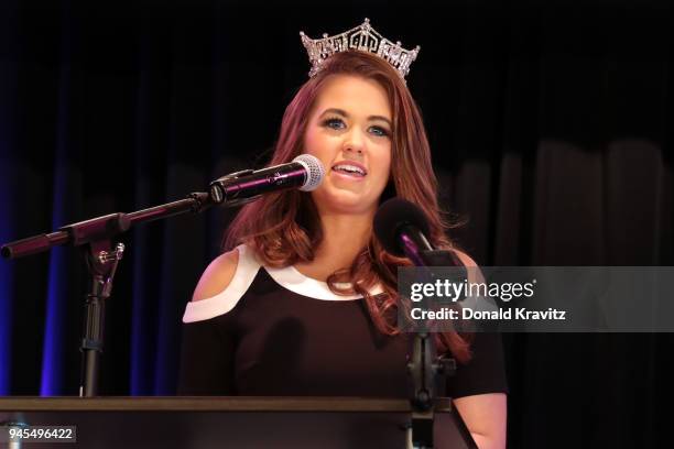 Miss America 2018 Cara Mund speaks to the audience at the Metropolitan Business & Citizens Association Luncheon at Resorts Casino Hotel on April 12,...