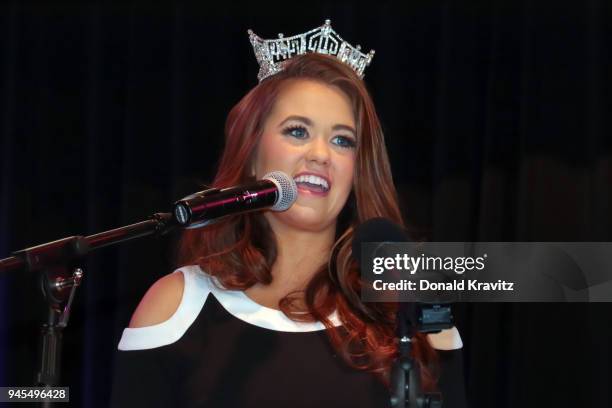 Miss America 2018 Cara Mund speaks to the audience at the Metropolitan Business & Citizens Association Luncheon at Resorts Casino Hotel on April 12,...