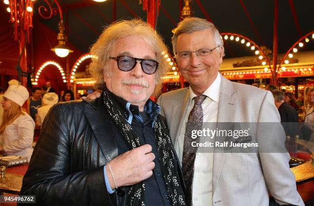 Bernhard Paul and Wolfgang Bosbach attend the premiere of the Circus Roncalli show 'Storyteller' on April 12, 2018 in Cologne, Germany.