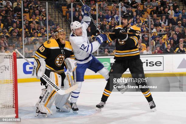 Patrick Marleau of the Toronto Maple Leafs against Tuukka Rask and Zdeno Chara of the Boston Bruins during the First Round of the 2018 Stanley Cup...
