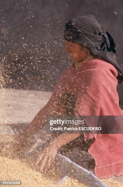 Chez les Salasacas, ethnie du centre de l'Equateur descendant d'un groupe originaire du lac Titicaca d?plac? par les Incas, le port de la Manta,...