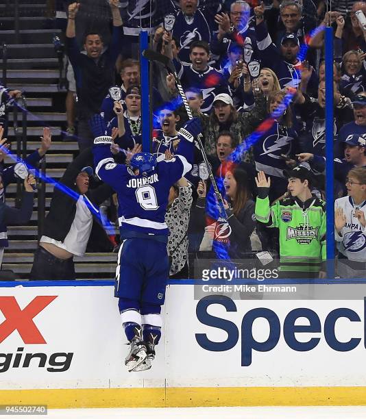 Tyler Johnson of the Tampa Bay Lightning celebrates a goal during Game One of the Eastern Conference First Round against the New Jersey Devils during...