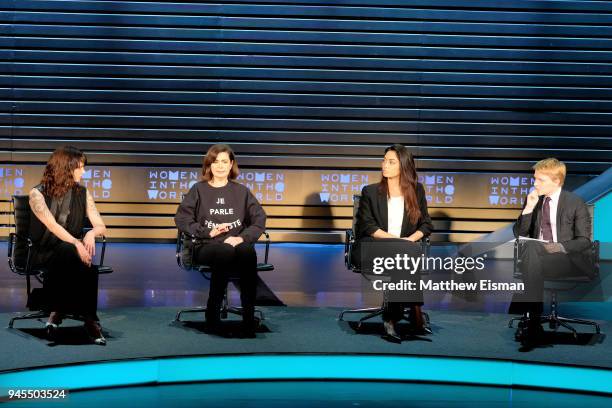 Asia Argento, Laura Boldrini, Ambra Battilana Gutierrez and Ronan Farrow speak onstage during the 2018 Women In The World Summit at Lincoln Center on...