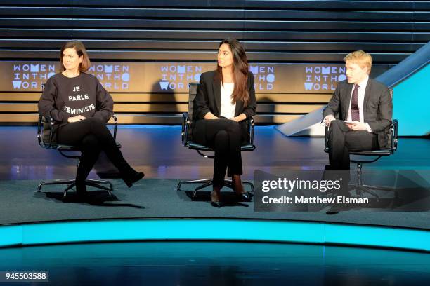 Laura Boldrini, Ambra Battilana Gutierrez and Ronan Farrow speak onstage during the 2018 Women In The World Summit at Lincoln Center on April 12,...