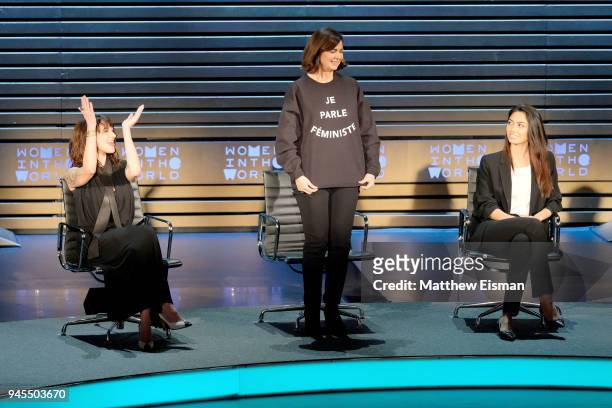 Asia Argento, Laura Boldrini and Ambra Battilana Gutierrez speak onstage during the 2018 Women In The World Summit at Lincoln Center on April 12,...