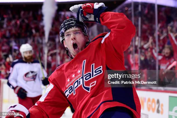 Evgeny Kuznetsov of the Washington Capitals celebrates after scoring his second goal of the game in the first period against the Columbus Blue...