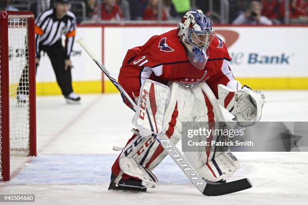 Goalie Philipp Grubauer of the Washington Capitals tends the net against the Columbus Blue Jackets in the first period in Game One of the Eastern...