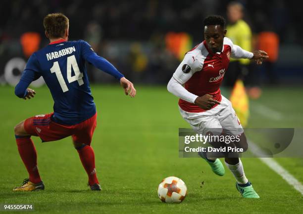 Danny Welbeck of Arsenal takes on Kirill Nababkin of CSKA during the UEFA Europa League quarter final leg two match between CSKA Moskva and Arsenal...