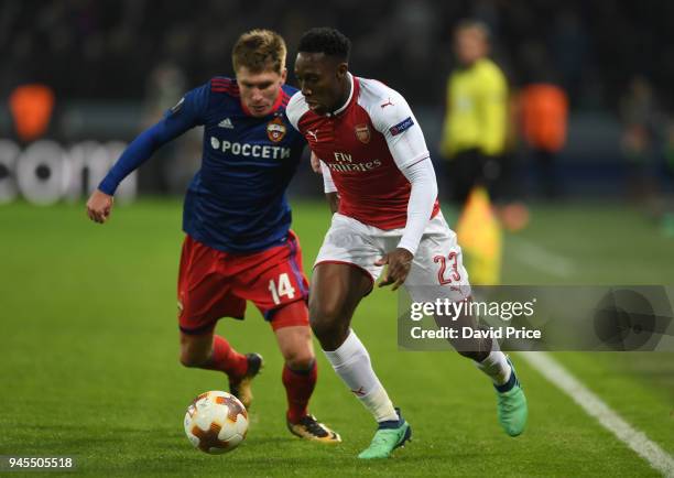 Danny Welbeck of Arsenal takes on Kirill Nababkin of CSKA during the UEFA Europa League quarter final leg two match between CSKA Moskva and Arsenal...