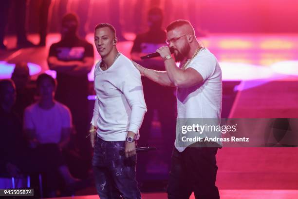 Hip-Hop/Urban - National' award winners Farid Bang and Kollegah perform on stage during the Echo Award show at Messe Berlin on April 12, 2018 in...